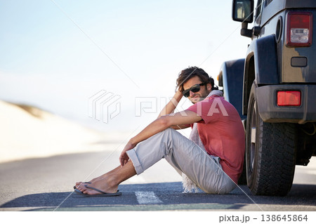 Breakdown, desert and man at car on road trip with emergency, travel and desert adventure for summer vacation. Transport, holiday journey and driver waiting at van with problem, suv and countryside. 138645864