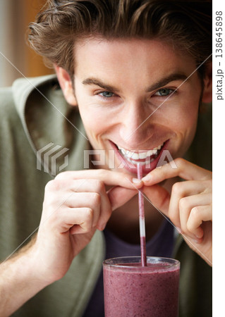 Man, portrait and closeup smoothie drink for health nutrition, diet groceries or fruit. Male person, smile and breakfast beverage or organic wellness for vegan fibre, weight loss or balance choice Man, portrait and closeup smoothie drink for health nutrition, diet groceries or fruit. Male person, smile and breakfast beverage or organic wellness for vegan fibre, weight loss or balance choice 138645898