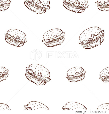 Seamless pattern with repeating hamburgers drawn in brown line art. Hand drawn vector illustration in minimal outline style. Fast food object. Suitable for packaging, branding, menu design, wrapping 138645904