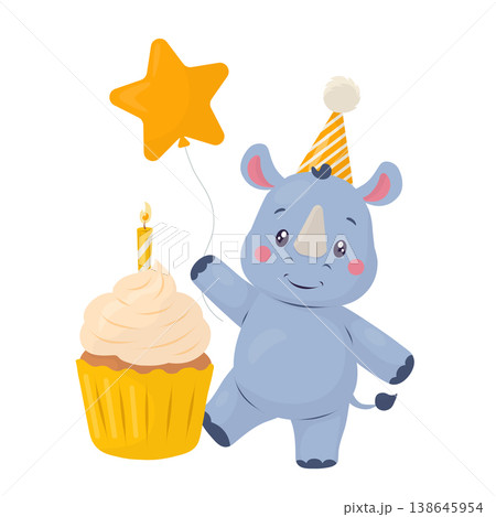 A rhinoceros in a party hat holds a star-shaped balloon next to a cupcake with a candle. Pastel flat vector with gradients and smooth shapes. Isolated baby animal character. Suitable for birthday 138645954