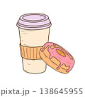 Paper coffee cup with lid and a pink glazed donut. Hand drawn vector style with clean lines and soft colors. Takeaway beverage and pastry set for cafe branding, menu design and advertising. 138645955