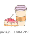 Paper coffee cup with lid and a slice of cheesecake topped with pink glaze and cherries, illustrated in hand drawn vector line style. Dessert and drink set for cafe menu, packaging, branding. 138645956