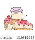 A cup of coffee with a cupcake and a slice of cherry-topped chicken, hand-drawn in vector format in a clean, flat cartoon style. Baked goods for cafe menus, branding, packaging, posters, websites, 138645958