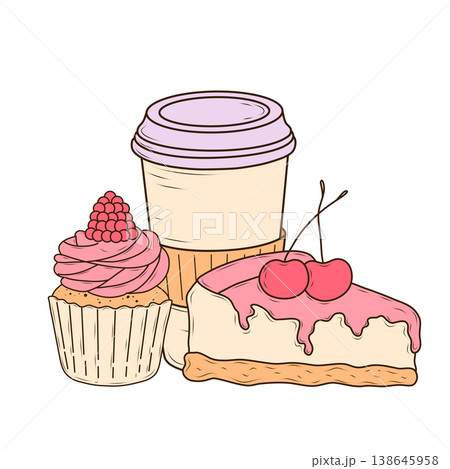 A cup of coffee with a cupcake and a slice of cherry-topped chicken, hand-drawn in vector format in a clean, flat cartoon style. Baked goods for cafe menus, branding, packaging, posters, websites, 138645958