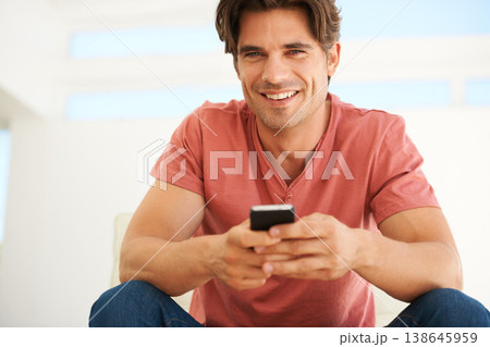 Man, portrait and smile in home with smartphone, social network and update subscription connection. App, cellphone and happy guy download digital multimedia, search mobile and contact in modern house 138645959