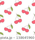 Seamless pattern with pink cherries and green leaves drawn as a hand drawn vector in clean flat cartoon style. Fruit ornament for textile, wrapping paper, packaging, branding, web and print design. 138645960