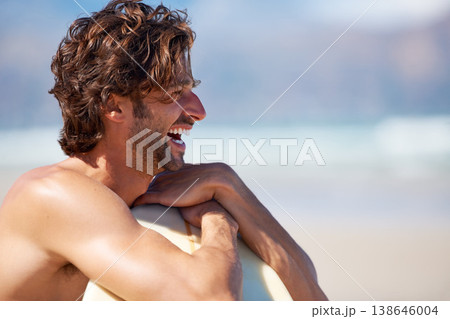 Beach sports, surf and man laughing at funny surfing activity, training comedy and look at outdoor wellness, freedom or nature. Joke, outdoor mockup space and profile of surfer watch exercise humour 138646004