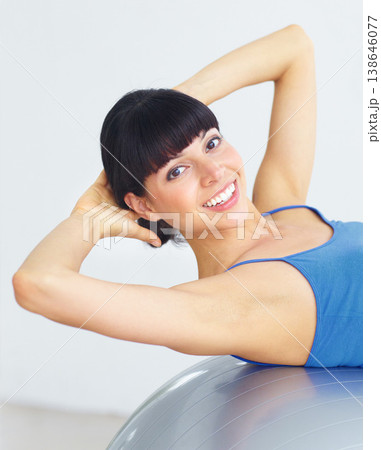 Woman, exercise ball and portrait for pilates, exercise or workout on muscle, posture and healthy body. Person, arm or stretching for yoga, training or fitness with sportswear and technique in studio Woman, exercise ball and portrait for pilates, exercise or workout on muscle, posture and healthy body. Person, arm or stretching for yoga, training or fitness with sportswear and technique in studio 138646077