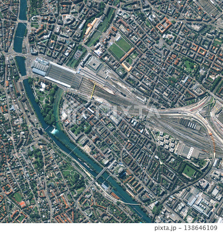 Street, buildings and top view of earth map with nature, water and residential landscapes. Globe, land and aerial of road with field and houses from aerospace satellite for environment development. Street, buildings and top view of earth map with nature, water and residential landscapes. Globe, land and aerial of road with field and houses from aerospace satellite for environment development. 138646109