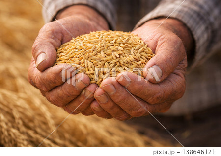 Closeup of both hands carrying harvested rice grains with a natural farm background and documentary feel. Closeup of both hands carrying harvested rice grains with a natural farm background and documentary feel. 138646121