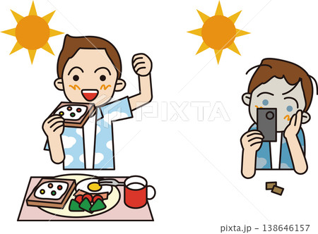 小学生の朝食。バランスの良い洋食とクッキーだけの男の子ののイラスト。 138646157