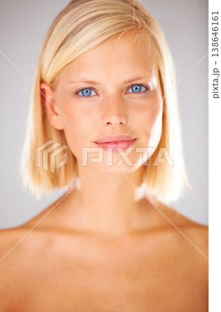 Beauty cosmetics, face portrait and woman with smooth glowing skin texture, facial makeup results or soft skincare. Dermatology self care, studio cosmetology or clean morning girl on white background Beauty cosmetics, face portrait and woman with smooth glowing skin texture, facial makeup results or soft skincare. Dermatology self care, studio cosmetology or clean morning girl on white background 138646161