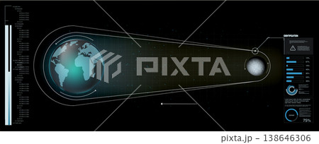 High-tech HUD display with data visualization for a space mission. Shows Earth, Moon, and an orbital path on a dark grid. Sci-fi concept with blue and white graphics, charts, and infographics 138646306