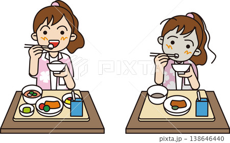 小学生の給食。バランスの良い米飯給食とご飯と汁物、牛乳だけの給食を食べる女子のイラスト。 138646440