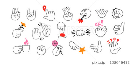 Hand cartoon set of diverse gestures vector illustration. Line art icons design of peace sign, heart, thumbs up, stop. Flat graphic for communication, stickers, hands elements on white background 138646452