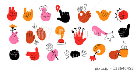 Hand cartoon set of diverse gestures vector illustration. Icons design of peace sign, heart, thumbs up, stop. Flat graphic for communication, stickers, hands elements isolated on white background 138646453