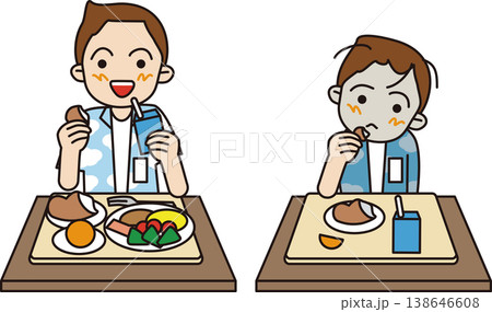 小学生の給食。バランスの良い給食とパンと牛乳だけの給食を食べる男子のイラスト。 138646608