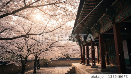 Architecture - Korean Palace Cherry Blossom Trees in Full Bloom with Sunlight Filtering Through Petals at Historic Courtyard Architecture - Korean Palace Cherry Blossom Trees in Full Bloom with Sunlight Filtering Through Petals at Historic Courtyard 138646678