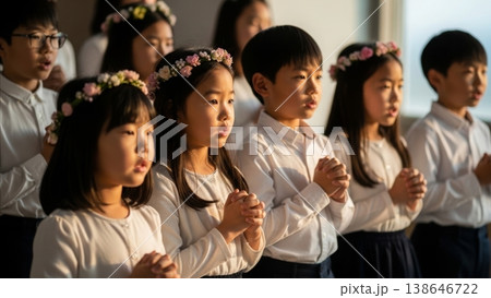 Choir - Asian Children Choir Singing with Hands Clasped and Floral Crowns in White Uniforms During Performance 138646722