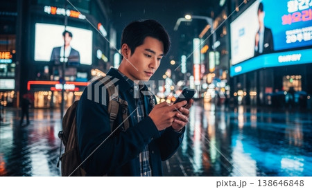 Technology - Young Asian Man Using Smartphone on Rainy Night in Neon Lit Korean City Street 138646848