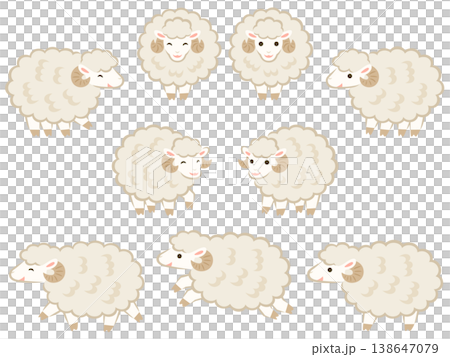 A set of illustrations of white sheep with outlines. 138647079