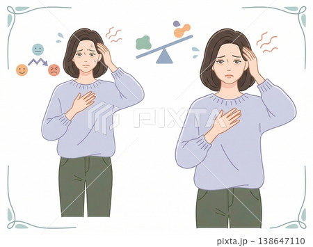 情緒の不安定さを表現した女性のイラスト・心の健康を説明する医療・教育素材 138647110