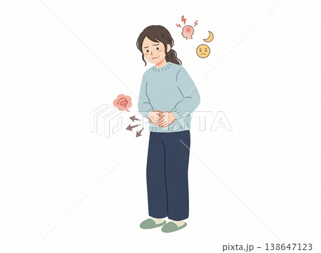 お腹の痛みを抱える人物のイラスト・胃痛や体調不良を示す医療素材 138647123