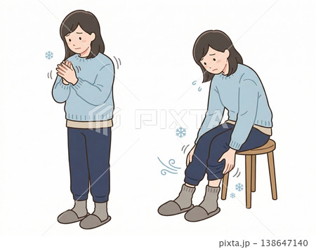 寒さで手をこすり体を縮める人物のイラスト・冷え対策や冬の概念素材 138647140