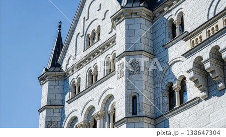 Architecture - Neuschwanstein Castle White Limestone Facade with Romanesque Arched Windows and Decorative Stone Carvings 138647304