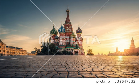 Landmark - Saint Basils Cathedral at Golden Sunrise Over Red Square Cobblestone Plaza in Moscow Russia 138647332
