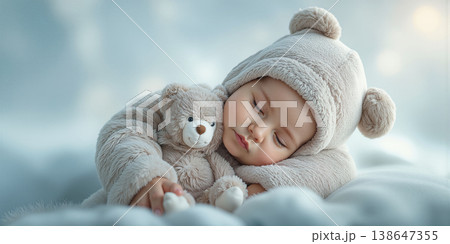 Peaceful infant with teddy bear. Baby sleeping peacefully with soft textures and gentle colors 138647355