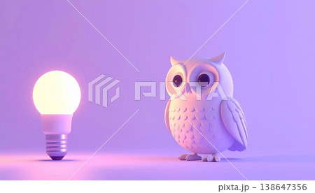 LED電球を興味深く見つめるフクロウの3Dイラスト。賢い選択と省エネのシンボル。 138647356