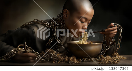 Lively young individual indulging in extravagant golden fibers within dramatically styled scene 138647365