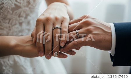 Wedding - Bride and Groom Hands Together Wearing Diamond Engagement Ring and Silver Wedding Band 138647450