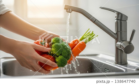 Food Safety - Washing Fresh Broccoli Tomatoes and Carrots Under Running Water in Stainless Steel Kitchen Sink 138647740