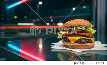 Gourmet cheeseburger with sesame seed bun on reflective surface in modern urban restaurant with neon lighting bokeh background at night 138647741