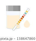 Urine sample cup and urinalysis reagent strip for kidney exam, urinary tract infection and cystitis diagnostics.  138647860