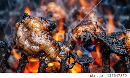 Abstract Macro of Grilling Beef Fat and Char over Fire Abstract Macro of Grilling Beef Fat and Char over Fire 138647870