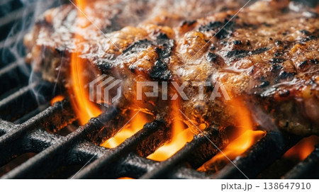 Abstract Macro of Grilling Beef Fat and Char over Fire 138647910
