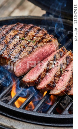 Premium Medium-Rare Beef Steak Grilling with Sliced Presentation Premium Medium-Rare Beef Steak Grilling with Sliced Presentation 138647918
