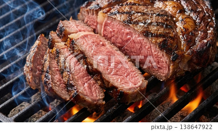 Premium Medium-Rare Beef Steak Grilling with Sliced Presentation 138647922