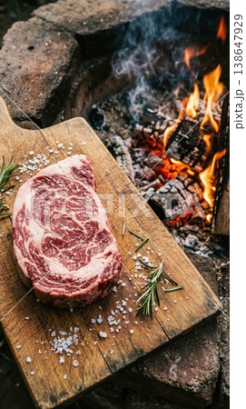 Raw Prime Ribeye Steak and Fire Pit Preparation Scene Raw Prime Ribeye Steak and Fire Pit Preparation Scene 138647929