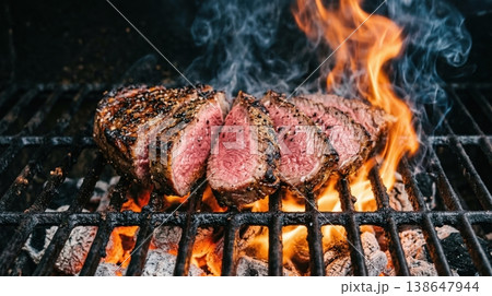 Premium Medium-Rare Beef Steak Grilling with Sliced Presentation 138647944