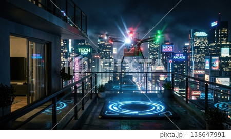 Night Delivery Drone Landing on Glowing Balcony Docking Pad 138647991