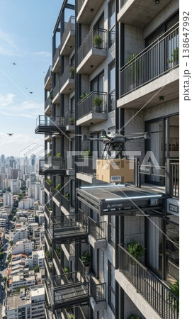 High Rise Building Facade with Integrated Drone Delivery Ports High Rise Building Facade with Integrated Drone Delivery Ports 138647992