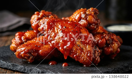 Macro of Spicy Glazed Chicken Wings with Steam and Gloss 138648022