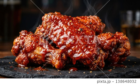 Macro of Spicy Glazed Chicken Wings with Steam and Gloss 138648032