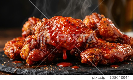 Macro of Spicy Glazed Chicken Wings with Steam and Gloss 138648044