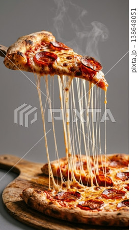 Macro Detail of Stretchy Mozzarella Cheese Pull on Pizza Slice 138648051