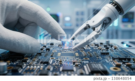 Human and Robot Arm Assembling Microchip in High Tech Cleanroom Human and Robot Arm Assembling Microchip in High Tech Cleanroom 138648054